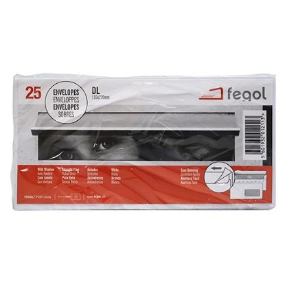 Imagem de PACK 25 ENVELOPES FEGOL DL 110X220MM COM JANELA 90GR ADESIVO